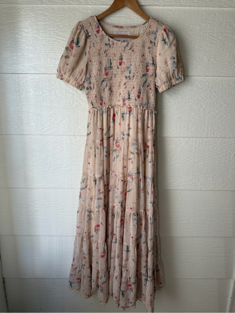 JessaKae Sunset Rose Smocked Puff Sleeve Tiered Maxi Dress Small